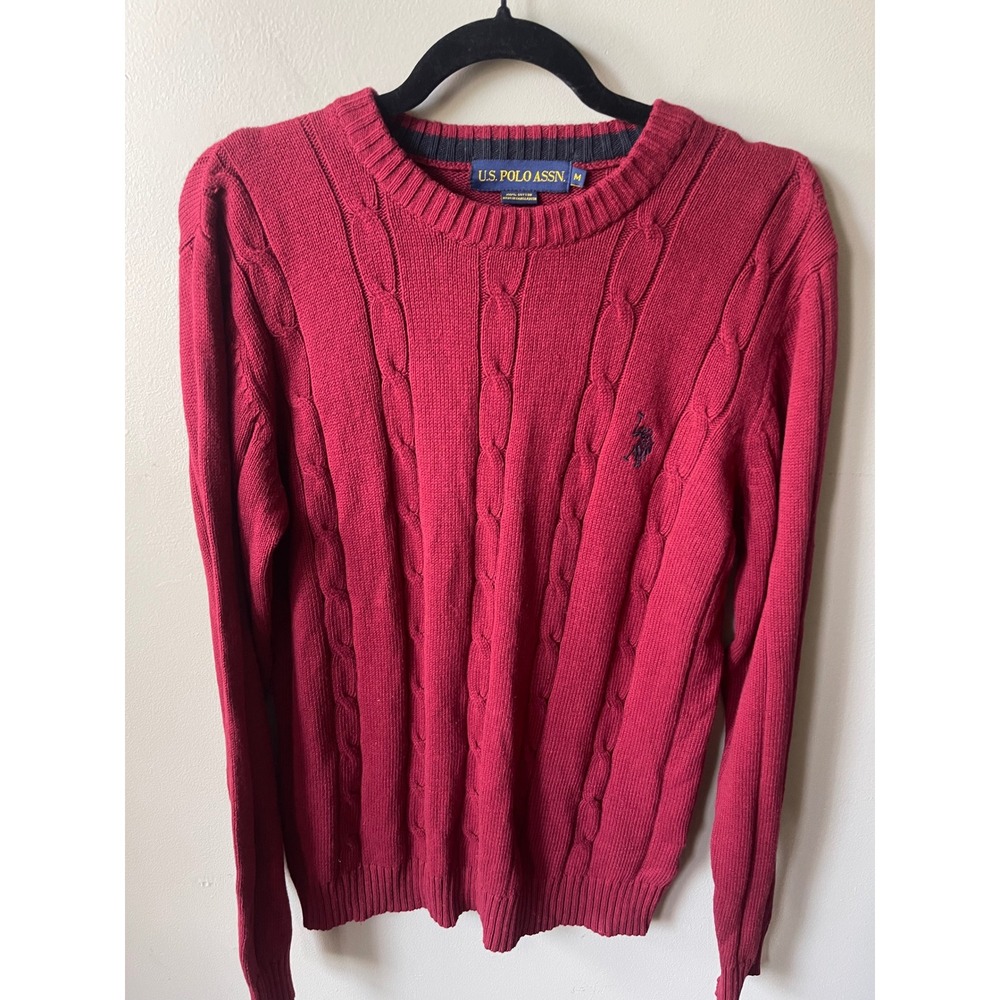 US Polo Assn Mens Medium Burgundy Red Cable Knit Cotton Crewneck Sweater